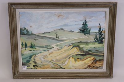 painting of a dirt road in a field with trees in the background