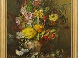 une peinture à l'huile représentant des fleurs dans un vase sur une table