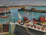 un tableau représentant des bateaux dans un port par temps nuageux