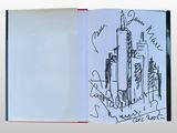 drawing of a book with a picture of a city in it