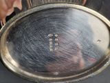 a person holding a silver plate that has a picture on it