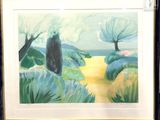 painting of a landscape with trees and a path in the foreground