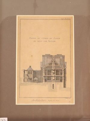 un vieux dessin représentant un bâtiment avec une horloge sur sa façade