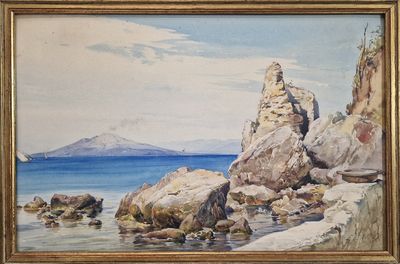 une peinture à l'huile représentant une plage rocheuse avec un bateau dans l'eau