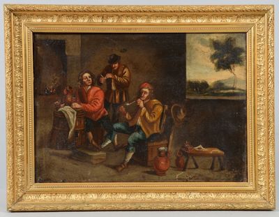 une peinture à l'huile représentant un groupe de personnes assises autour d'une table