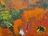an oil painting of a field of orange flowers with a sky in the background