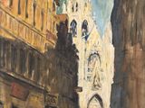 peinture d'une scène de rue avec un clocher d'église en arrière-plan