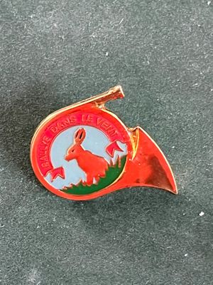 un pin's rouge sur lequel est représenté un lapin