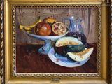 an oil painting of a bowl of fruit and a pitcher on a table