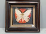 tableau représentant un papillon, dans un cadre en bois, accroché au mur