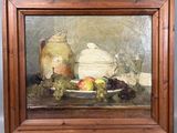 une peinture représentant une coupe de fruits sur une table