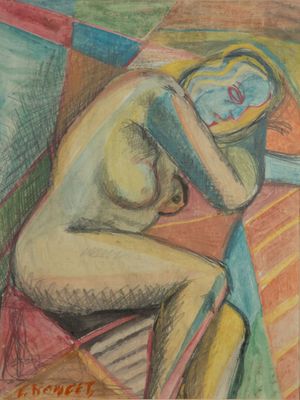 tableau représentant une femme nue assise sur une chaise, la tête entre les mains