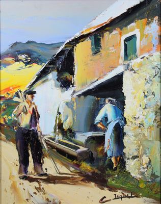 an oil painting of a couple of men standing in front of a building