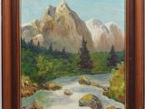 an oil painting of a mountain scene with a river in the foreground