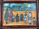a painting of a family on the beach with a boat in the background
