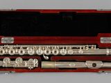 a silver flute in a red case on a table