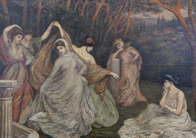 a painting of a group of women dancing in a forest