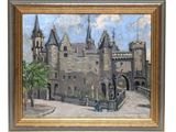 an oil painting of a castle in a gold frame on a white wall