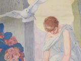 a painting of a woman feeding a white dove