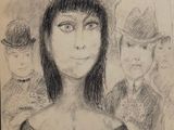 drawing of a woman in a black dress with a group of people behind her