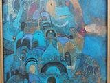 an image of a painting of a group of people riding on elephants