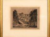 un dessin en noir et blanc représentant une route avec des arbres au premier plan