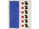 une image représentant un tableau bleu et rouge orné de cercles noirs et rouges