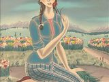 painting of a woman kneeling in a field with flowers in her hand