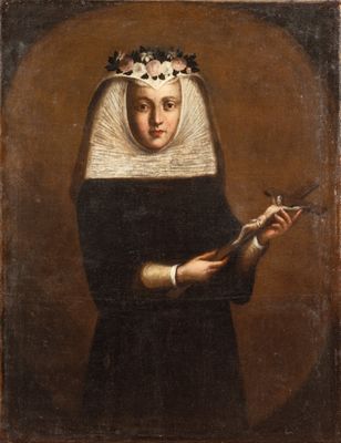 an old painting of a woman in a black dress holding a pair of scissors