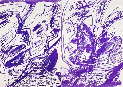 dessin à l'encre violette représentant un bateau sur un plan d'eau