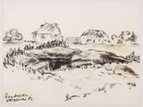 une image représentant un dessin de paysage avec des rochers et de l'herbe