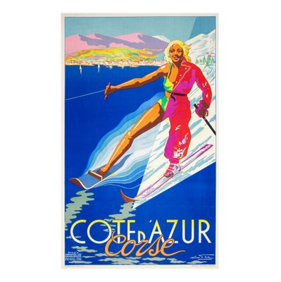 affiche représentant une femme en maillot de bain rose qui dévale une montagne à skis