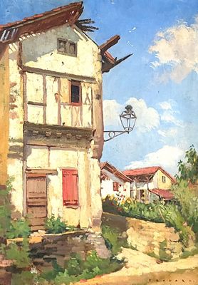 a painting of a house on the side of the road