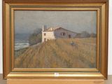 an oil painting of a house on a hill near the ocean