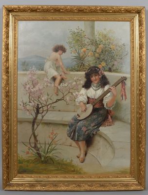 painting of a young girl playing a lute and another girl sitting on a ledge