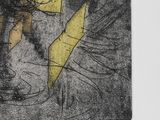 drawing of a black and yellow drawing of a man with a hat