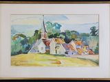 an image of a painting of a church in a rural setting