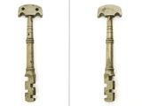 two pictures of two old keys on a white background