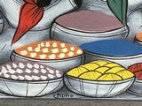 a painting on the wall of a toilet with bowls of food on it