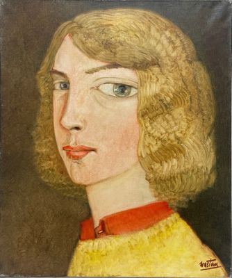 tableau représentant une femme aux cheveux blonds portant une chemise à col rouge