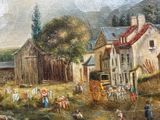 a painting of a village scene with a horse drawn carriage