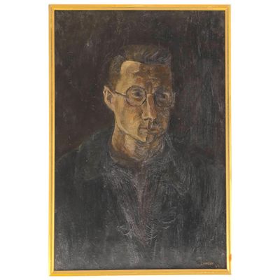 tableau représentant un homme portant des lunettes et une chemise noire