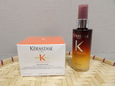 kerastasee hair oil with box on a wicker tray