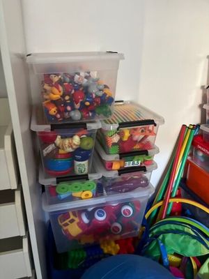 beaucoup de jouets dans les bacs posés sur les étagères