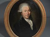 a painting of a man in a black coat and white hair