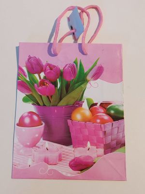 a picture of a pink shopping bag with tulips on it