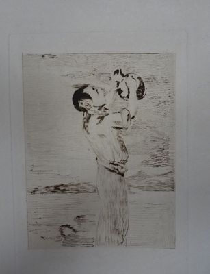 dessin représentant une femme tenant un enfant dans ses bras sur la plage