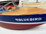 a bluebird boat on a table with other boats in the background