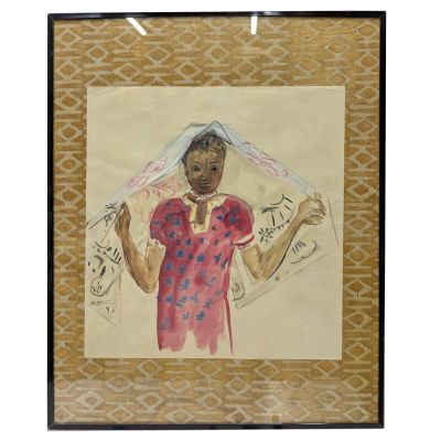 un tableau représentant une femme tenant un foulard au-dessus de sa tête