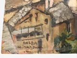 a painting of a building with a clock on top of it